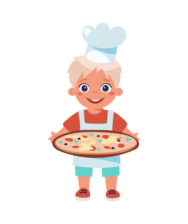 A kid in an apron and a chef s hat holds a platter of pizza or paella. Cooking lessons, profession of a cook, hobbies, recipes. Cartoon vector illustration isolated on white backgroundのイラスト素材