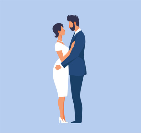 Groom in suit and bride in tight wedding dress, modern couple in love in elegant outfits. Vector illustration in flat style for design of invitation cardsのイラスト素材