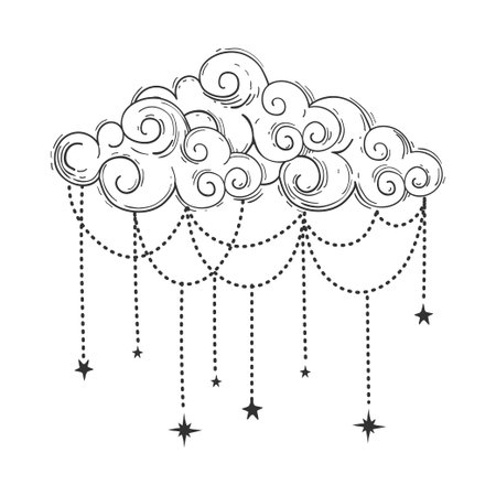 Beautiful cloud in bohemian style, linear hand drawn illustration. Vector boho illustration, cloud with jewelry and stars isolated on white background. Vintage mystical design, tattooのイラスト素材