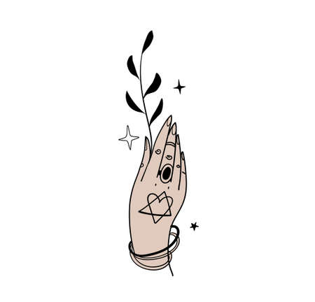 Witch hand with plant, magical tattoo in boho design, witchcraft for Halloween. Magic hand drawing, female palm sketch, vector illustration isolated on white background.のイラスト素材