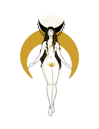 Beautiful nude woman with long hair and a crescent moon. Hand drawing for astrology in boho design, female tattoo, zodiac sign Virgo.のイラスト素材