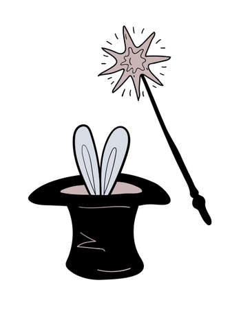 Magic wand and top hat with rabbit ears, simple hand drawn vector illustration for circus. Design element for show tricks, children s birthday. Colored doodle clip-art isolated on white backgroundのイラスト素材