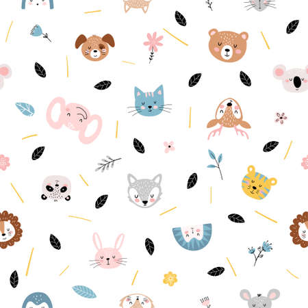 Cute seamless pattern with cute baby animals and flowers on a white background, for children s birthday, party, baby shower. Simple flat design elements. Vector illustrationのイラスト素材