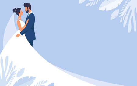 Bride and groom in wedding dresses, wedding banner with copy space and blue background. Mockup for wedding invitation, romantic vector illustration in flat designのイラスト素材