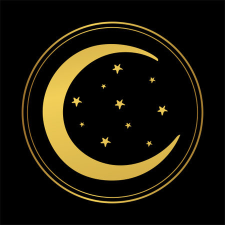 Abstract boho hand drawn illustration, golden crescent moon with stars in a round frame on a black background, tarot card, astrological symbol. Divine celestial signのイラスト素材
