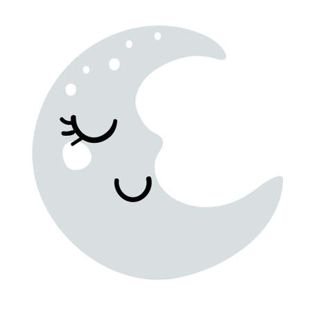 Sleeping blue crescent moon with smile, element for baby room design, cute boho sticker. Clip-art for kids, flat vector illustration in naive style.のイラスト素材