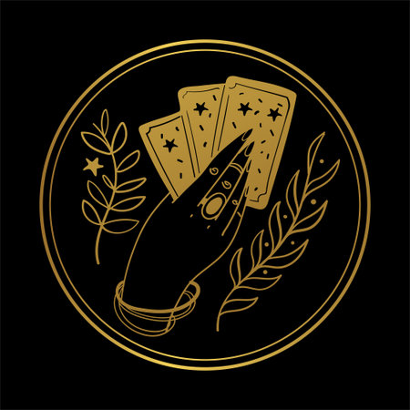 Graceful female hand of a gypsy woman holds tarot cards. Round gold icon on a black background. The concept of divination, witchcraft, fate, card game. Vector illustration isolated on background.のイラスト素材