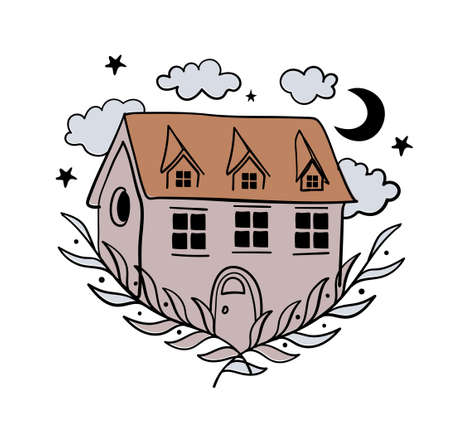 Simple boho illustration, home sweet home, welcome. House icon with clouds in a frame of plant branches. Color flat illustration isolated on white background. Vintage design.のイラスト素材
