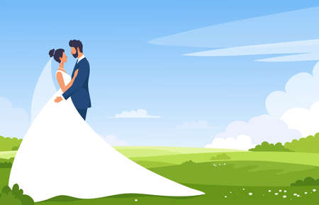The bride and groom in a wedding dress in the park against the background of a summer landscape. Wedding ceremony or honeymoon. Modern flat cartoon illustration.のイラスト素材