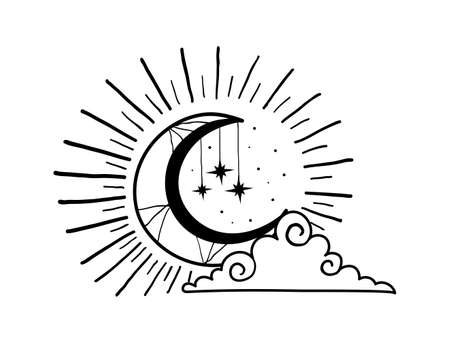 Shining crescent moon with stars and a cloud. Boho illustration in vintage design, tarot clipart. Vector hand drawing isolated on white background.のイラスト素材