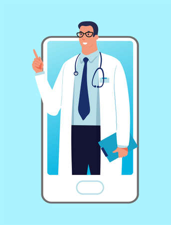 Concept of online medical consultation, video call to the doctor. Doctor on a mobile phone screen, medical application, medical online training. Flat cartoon vector illustration.のイラスト素材