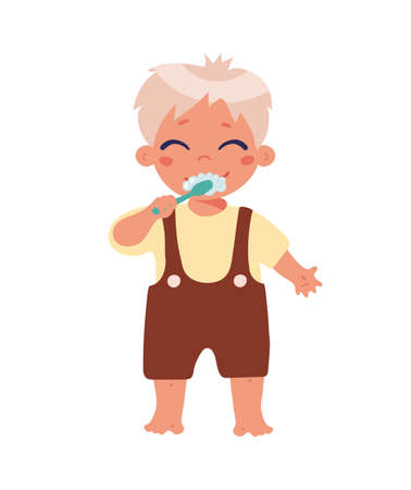 Boy brushes teeth, illustration for design about hygiene, health, dentistry. Flat cartoon character. Vector isolated on white background. Clipart.のイラスト素材