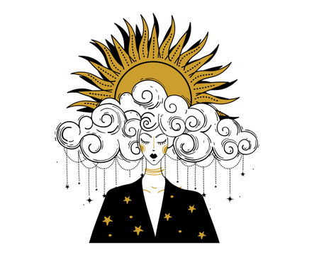 Boho line drawing, woman with cloudy hair and sun in her hair. Astrology concept, tarot, prediction. Magic witch, fantasy portrait. Vector illustration isolated on white background.のイラスト素材