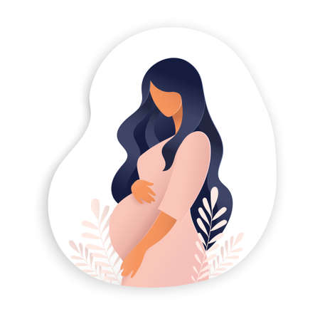 Side view of pregnant woman, pregnancy concept in trendy paper cut craft graphic style. Modern abstract design of motherhood poster, banner. Vector illustration isolated on white background.のイラスト素材