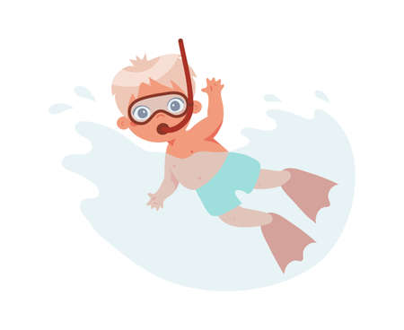 The boy swims in the sea with a mask and fins. Swimmer in the classroom in the pool. Ideas about a healthy lifestyle, sea vacations, sports, hobbies. Cartoon vector illustration isolated on white backgroundのイラスト素材