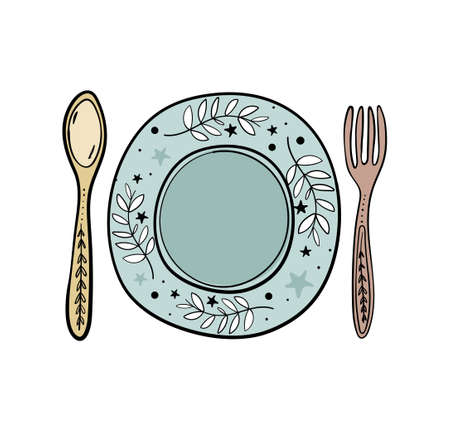 Fork, spoon and plate with floral ornaments, boho icon for menu, food concept. Colored line illustration for cafe, restaurant. Vector illustration.のイラスト素材
