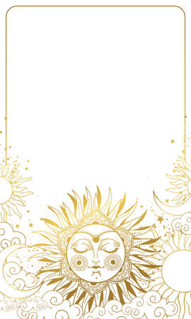 Modern sky background with golden sun with face, astrology and horoscope frame, boho poster with white copy space. Hand drawn vector illustration.のイラスト素材