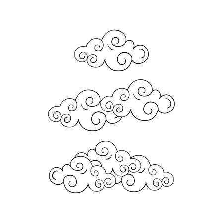 Cloud icon. Linear hand drawing white cloud, clipart about weather, rain, Chinese style. Vector sketch, flat illustration isolated on white background.のイラスト素材