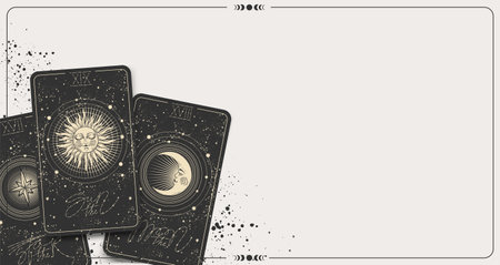 Banner with tarot cards and copy space, place for text, mockup for fortune telling, astrology, zodiac. The Sun, the moon, the star, deck of cards on the table, top view. Vector illustration.のイラスト素材