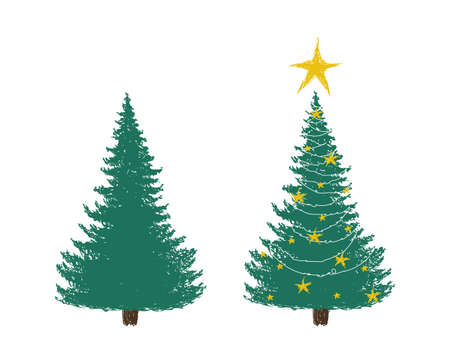 Christmas tree sketch. Set for festive design, Christmas tree with decor, star and garland, colored hand drawing. Calligraphic drawing isolated on a white background.のイラスト素材