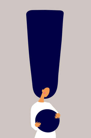 Exclamation point and girl. Flat design for advertising, the concept of a new idea, answering a question, attracting attention. Simple cartoon vector illustration.のイラスト素材
