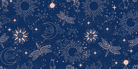 Seamless space pattern on a blue background. Boho illustration with moon, sun, dragonflies, stars, wallpapers for astrology, tarot, esotericism. Vector abstract hand drawn illustration.のイラスト素材