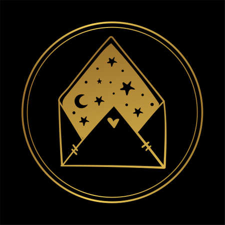 Letter with moon and stars, round golden boho icon on black background. A magic message for tarot, astrology, gorosokop. Vector linear hand drawn illustration.のイラスト素材