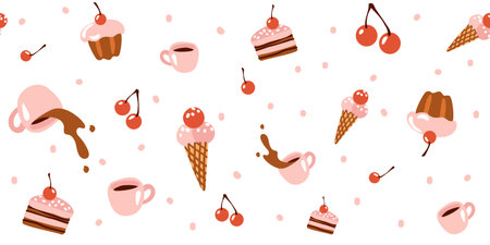 Seamless pattern with sweets, ice cream, mug with coffee, cake on a white background. Festive...