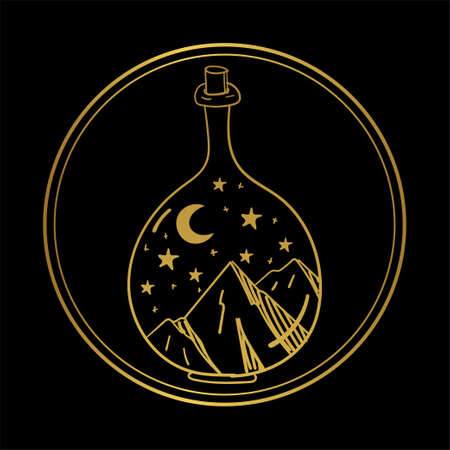 Mystical logo in boho style, mountains with a moon in a bottle on a night background, round tarot icon. Vector illustration with hand, tattoo, print for t-shirt.のイラスト素材