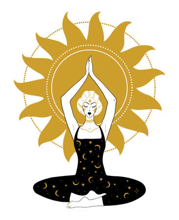 A beautiful girl in the lotus position is engaged in yoga on the background of the sun. Hand drawn illustration for tattoo, tarot, astrology, mystical card in boho style, vintage style. Vector illustration isolated on white backgroundのイラスト素材