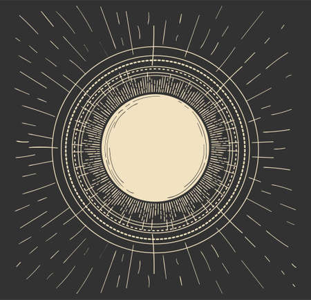 Golden sun or moon in vintage style on black night background, engraving stylization, vector hand illustration. Card for astrology, tarot, horoscope.のイラスト素材