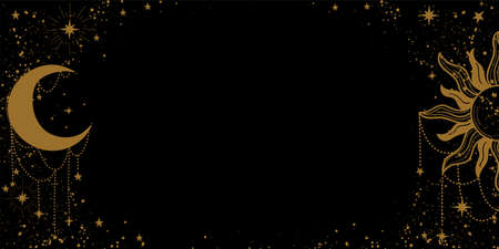 Esoteric boho banner, golden sun and moon with decorations and stars on a night black background. Card for tarot, astrology, yoga, witch. Modern vector illustration with copyspace.のイラスト素材
