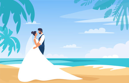 A couple of newlyweds on a tropical beach. Wedding ceremony on the coast. Bride and groom in wedding attire on their honeymoon. Flat cartoon vector illustration.のイラスト素材