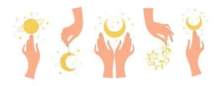 Women s hand with moon and crescent, a set of magical female icons for a witch. Boho symbols for astrology, tarot, future predictions. Flat vector illustration isolated on white background.のイラスト素材