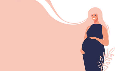 Beautiful modern young pregnant woman on a pink background. Vector concept banner about pregnancy and motherhood. Mom hugs her belly and waits for the baby to be born.のイラスト素材