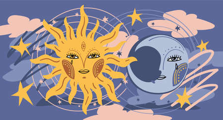 Magic banner for astrology, celestial background with sun and moon with a face on a blue sky with clouds. Celestial card for zodiac, tarot, mystical universe. Esoteric vector wallpaper illustration.のイラスト素材