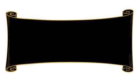 Narrow black paper scroll with golden outline, ancient form of solemn papyrus with space for text, vector graphics, engraving. Hand drawn boho illustration for vintage design, banner with place for textのイラスト素材