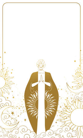 Woman goddess on celestial background vertical banner. Shaman with a pattern of the sun and moon with copyspace for text, card frame for astrology, fortune telling, development of intuition. Vector linear illustrationのイラスト素材