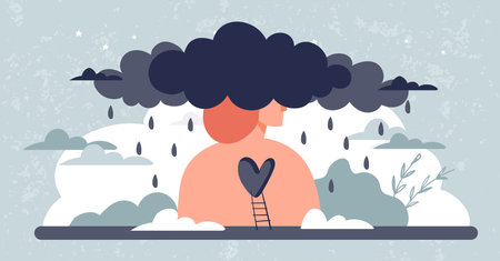 Psychology art concept, a cloud with rain over a person's head. Illustration about psychological help, depression in teenagers, midlife crisis. Vector banner about bad mood, problems in personal life and at workのイラスト素材