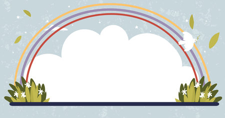 Cheerful summer banner for children s party, rainbow, cloud and green grass, space for text. Vector...