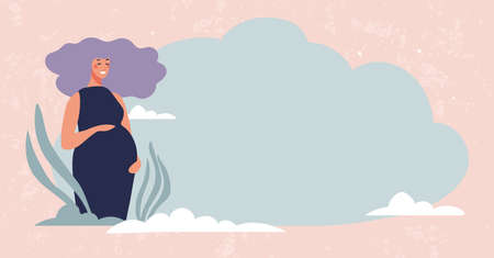 Modern pregnancy illustration with place for text. Cute happy pregnant woman with blank background. Banner for the doctor, goods for women, preparation for childbirth. Flat cartoon vector design.のイラスト素材