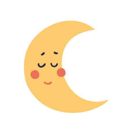 Sleeping crescent moon with a smile. Cute moon character, flat cartoon design for game, school, kindergarten, kids party. Cute vector illustration isolated on white background.のイラスト素材
