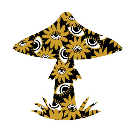 Mushroom silhouette with psychedelic pattern. Fly agaric with a pattern of plants and eyes. The concept of microdosing, drug addiction, treatment with psilocybin mushrooms. Flat vector illustration isolated on white backgroundのイラスト素材