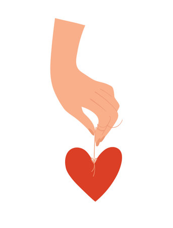 A hand holds a heart symbol on a string. Concept symbol of love, support, family, romance. Flat cartoon vector with red heart isolated on white.のイラスト素材