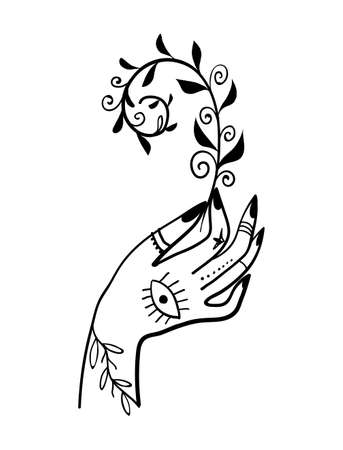Female mystical boho hand with tattoos icon. Logo for a women s goods store, massage, tarot and fortune telling. Vector sketch illustration isolated.のイラスト素材