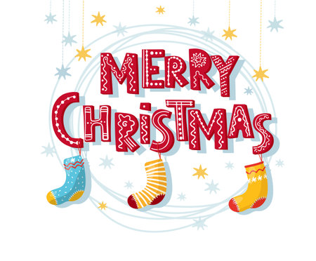 Merry christmas, flat cartoon icon with text and gift socks. Funny vector New Year sticker isolated on white background. Beautiful decorated red inscription wish for designのイラスト素材