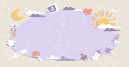 Motherhood poster with copy space for text. Frame of newborn care elements, diaper, pregnancy test, pacifier, cute pregnancy template in pastel colors. Vector card for advertisingのイラスト素材