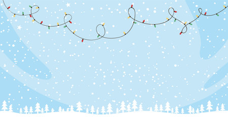 Winter blue snowfall background. Merry christmas and happy new year banner with copy space decorated with christmas trees and garland. flat vector designのイラスト素材