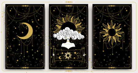 Bohemian poster for astrology, tarot, esoteric. Set of mystical cards, sun and moon, witch woman with a map of the universe. Heavenly vintage vector illustrationのイラスト素材