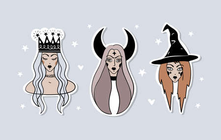 Set of halloween stickers cute witch in hat, queen in crown, goddess with crescent moons in her hair. Flat isolated vector illustration, tattoo.のイラスト素材